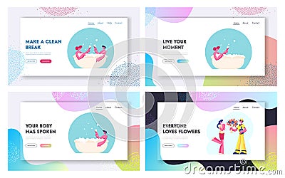 Wellness Honeymoon Date, Flower Delivery Service Website Landing Page Set. Young Couple Sit in Bath Tub with Champagne Vector Illustration