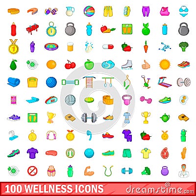 100 wellness icons set, cartoon style Vector Illustration