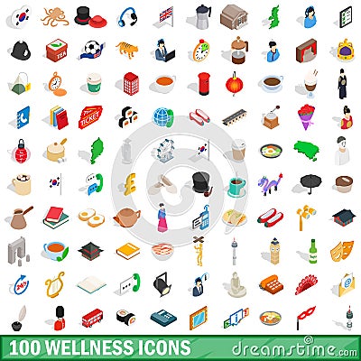 100 wellness icons set, isometric 3d style Vector Illustration