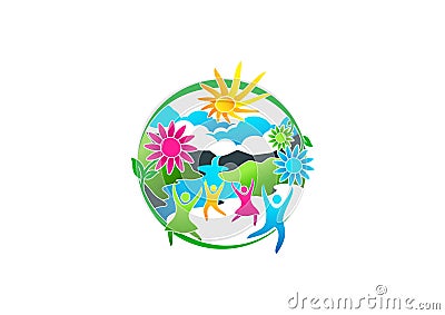 Wellness,logo,spring,flower,icon,summer,river,symbol and healthy people concept design Vector Illustration