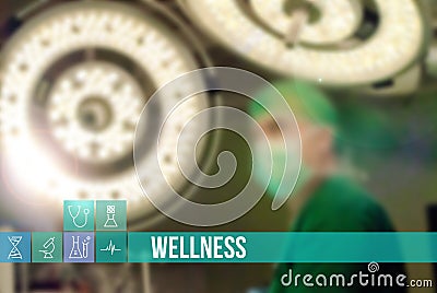 Wellness medical concept image with icons and doctors on background Stock Photo