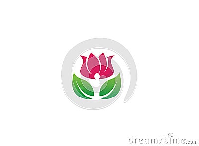 Wellness person hands up with leaves head in flower rose for logo Vector Cartoon Illustration