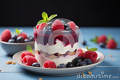 Wellness on a plate Homemade raspberry and blueberry yogurt delight Stock Photo