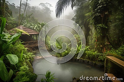 wellness retreat in lush rainforest, with misty atmosphere and crashing waterfalls Stock Photo