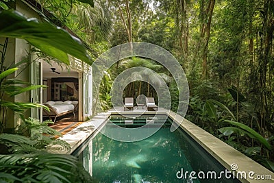 wellness retreat with private pool surrounded by lush greenery Stock Photo