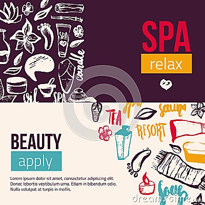 Wellness Spa banner template with hand drawn lettering and doodle elements. Can be used for greeting cards, brochure Vector Illustration