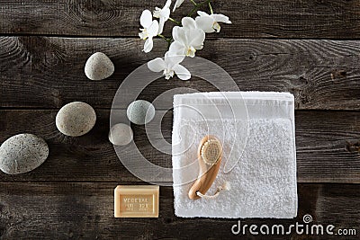 Wellness still life for dry brushing, wood background, flat lay Stock Photo