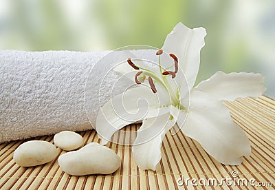 Wellness still life pebbles and white lily Stock Photo