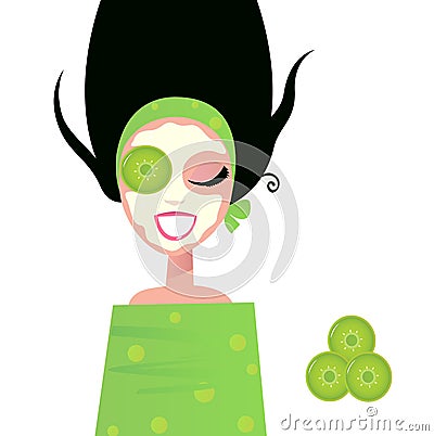 Wellness Woman with facial mask & cucumber green Vector Illustration