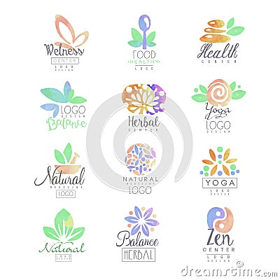 Welness, zen, yoga, herbal center, healthy food logo templates set of hand drawn watercolor vector Illustrations Vector Illustration