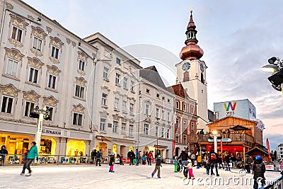 Wels, Austria - January 11th, 2020: Skating rink in city center of old austrian town at Christmas and New year holidays Editorial Stock Photo