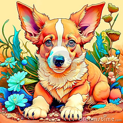 Welsh corgi dog, cute puppy sitting on a flower field, furry art, art, digital illustration, artwork Cartoon Illustration