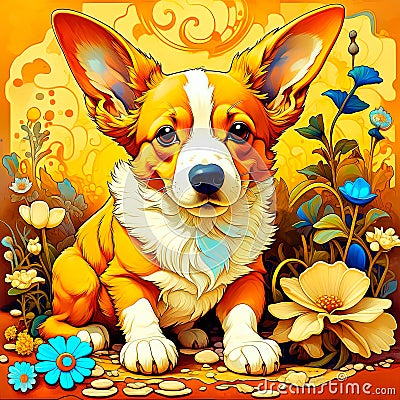 Welsh corgi dog, cute puppy sitting on a flower field, furry art, art, digital illustration, artwork Cartoon Illustration