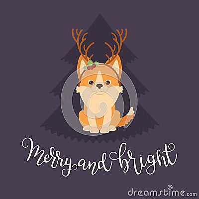 Welsh corgi puppy wearing deer horns headband. Vector Illustration