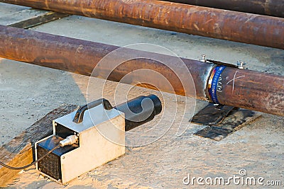 WelWelded butt joints of the Du150 pipeline from refractory steel, welded by manual arc welding without subsequent heat treatment. Stock Photo