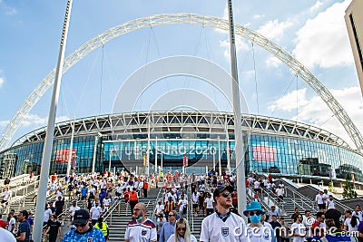 WEMBLEY, LONDON, ENGLAND- 13 June 2021: Football fans leaving Wembley after England`s win against Croatia in the EUROS game Editorial Stock Photo