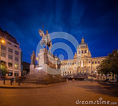 Wenceslas Square with equestrian statue of saint Vaclav in front of National Museum during the night in Prague, Czech Republic Editorial Stock Photo