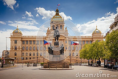 Wenceslas Square with equestrian statue of saint Vaclav in front of National Museum in Prague, Czech Republic Czechia Editorial Stock Photo