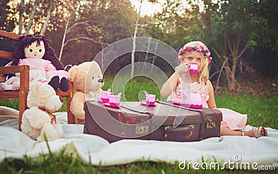 Were having a great day at the park. an adorable little dressed as a princess having a teat party with her stuffed toys Stock Photo