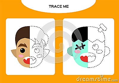 Werewolf and Frankenstein worksheet. Education Game for Children. Happy Halloween game. Super motor skills. Tracing Vector Illustration