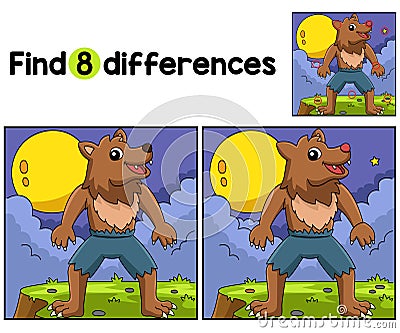 Werewolf Halloween Find The Differences Vector Illustration