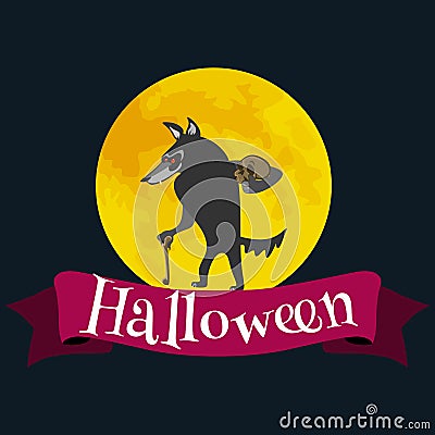 Werewolf on halloween with the full moon background, horror wolf at night vector invintation, autumn holliday Vector Illustration