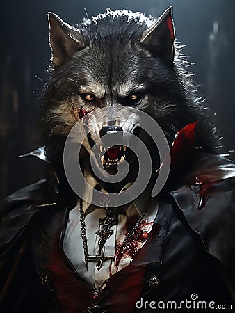 Werewolf with long sharp teeth and wounds Stock Photo