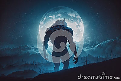 werewolf in the midst of full moon, howling into the night sky Stock Photo