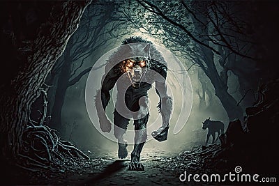 werewolf prowling through dark woods, hunting its prey Stock Photo