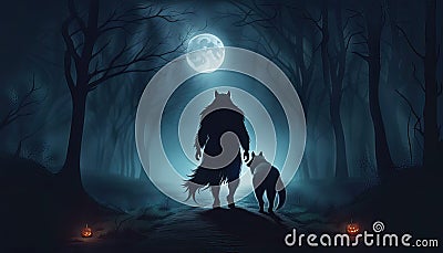 Werewolf and wolf friend walking down a path in a winter forest under a full moon with copy space Cartoon Illustration