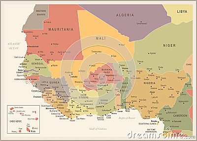 West Africa Map - Vintage Vector Illustration Stock Photo