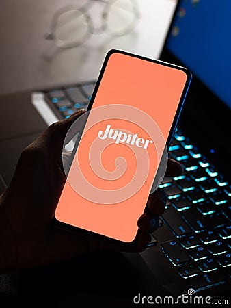 West Bangal, India - January 7, 2022 : Jupiter logo on phone screen stock image. Editorial Stock Photo