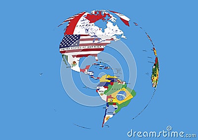 West hemisphere North South America world globe flags map Stock Photo