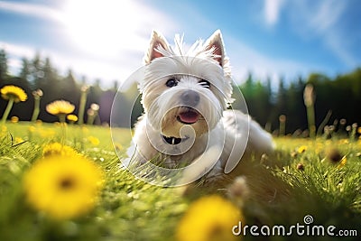 West highland white terrier on green grass with yellow flowers. AI generated Stock Photo