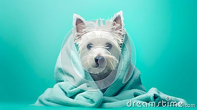 West highland white terrier in a green towel on a blue background Stock Photo