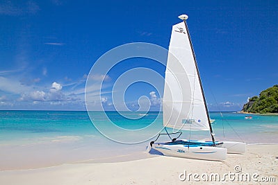 West Indies, Caribbean, Antigua, Long Bay, Beach & Hobie Cat Editorial Stock Photo