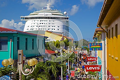 West Indies, Caribbean, Antigua, St Johns, Heritage Quay & Cruise Ship in Port Editorial Stock Photo