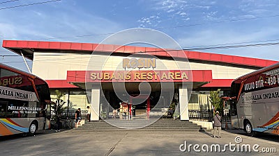Front view of Rosalia Indah Bus agent rest area (Rosalia Indah) Subang, West Java Editorial Stock Photo