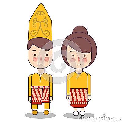 West Kalimantan Malay Malaysia traditional national clothes of Indonesia. Set of cartoon characters in traditional Vector Illustration