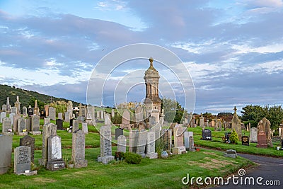 West Kilbride Graveyard in Scotland with its Gothic Spier Monument Editorial Stock Photo