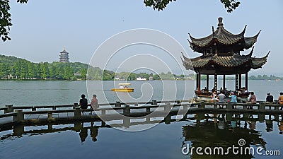 West lake with traditional buildings Editorial Stock Photo