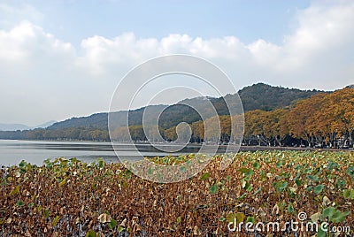 West Lake Xi Hu in Hangzhou, Zhejiang Province, China. The northern shore of West Lake seen from Baidi Causeway Stock Photo