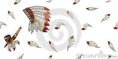 Warbonnet on white background. Rough festival feathers seamless pattern Vector Illustration