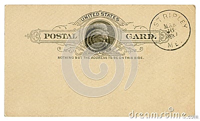 West Ripley, Maine, The USA - 26 March 1889: Blanked US historical Postal Card with black text in vignette, Imprinted One Cent Tho Editorial Stock Photo