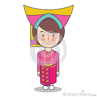 West Sumatra padang province fashion, cute girl Indonesian traditional clothes costume bride cartoon vector illustration Vector Illustration