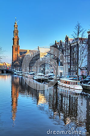 Westerkerk canal winter Stock Photo