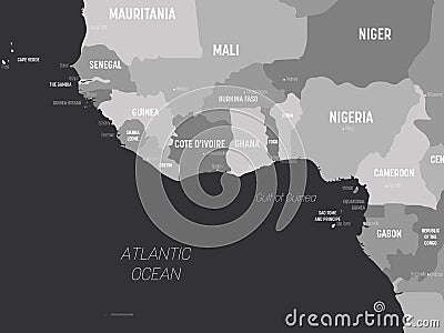 Western Africa map - grey colored on dark background. High detailed political map of western african and Bay of Guinea Vector Illustration