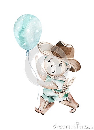 Western baby boy cowboy in cowboy hat on hay bales watercolor illustration. Cartoon sheriff ans American tribes teepee Cartoon Illustration