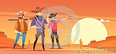 Western background. Dessert silhouettes and cowboys on horses wildlife vector illustrations Vector Illustration