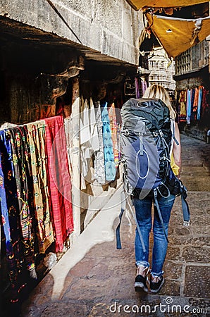 Western backpacker woman exploring India Stock Photo